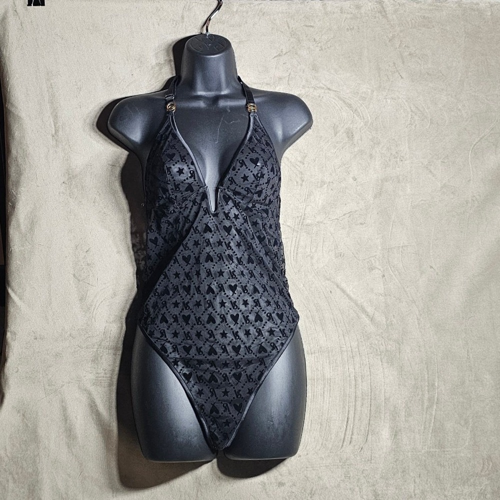 Victorias Secret Black Mesh Flocked Heart Star Logo Teddy Bodysuit Large NWT